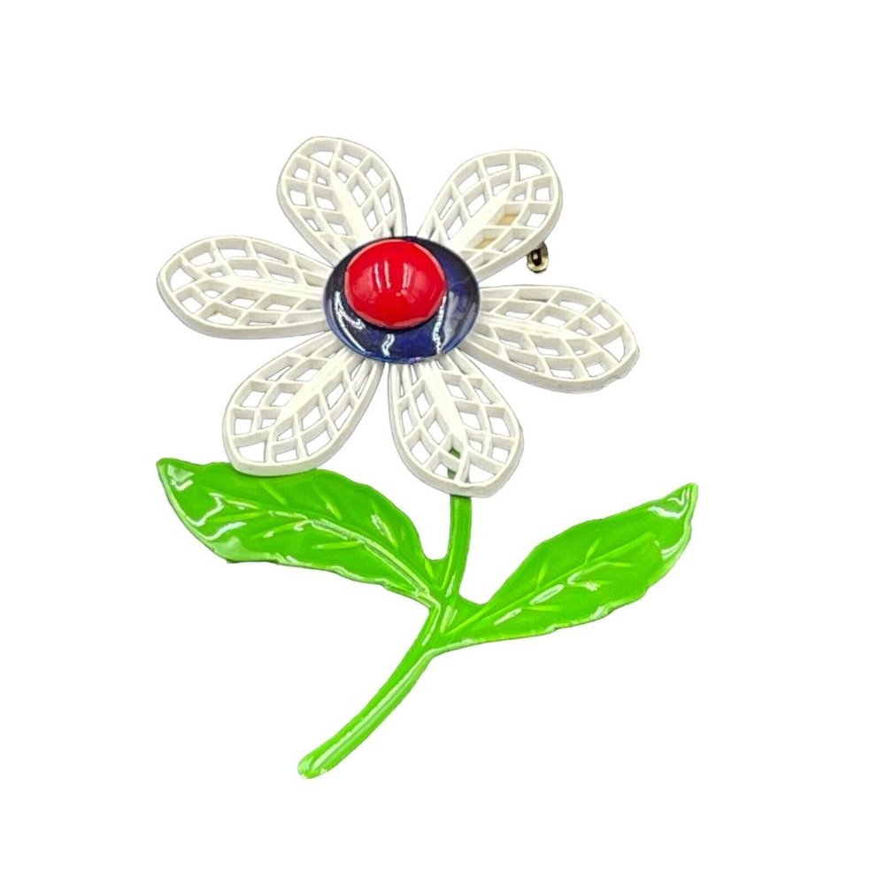 Flower Green Blue White Red Celluloid Leaves Metal Vintage Brooch Pin MCM 4.5”